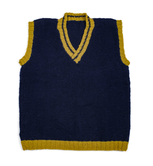 Pure Wool Navy blue vest with Mustard finishes. Hand knitted and medium fit.