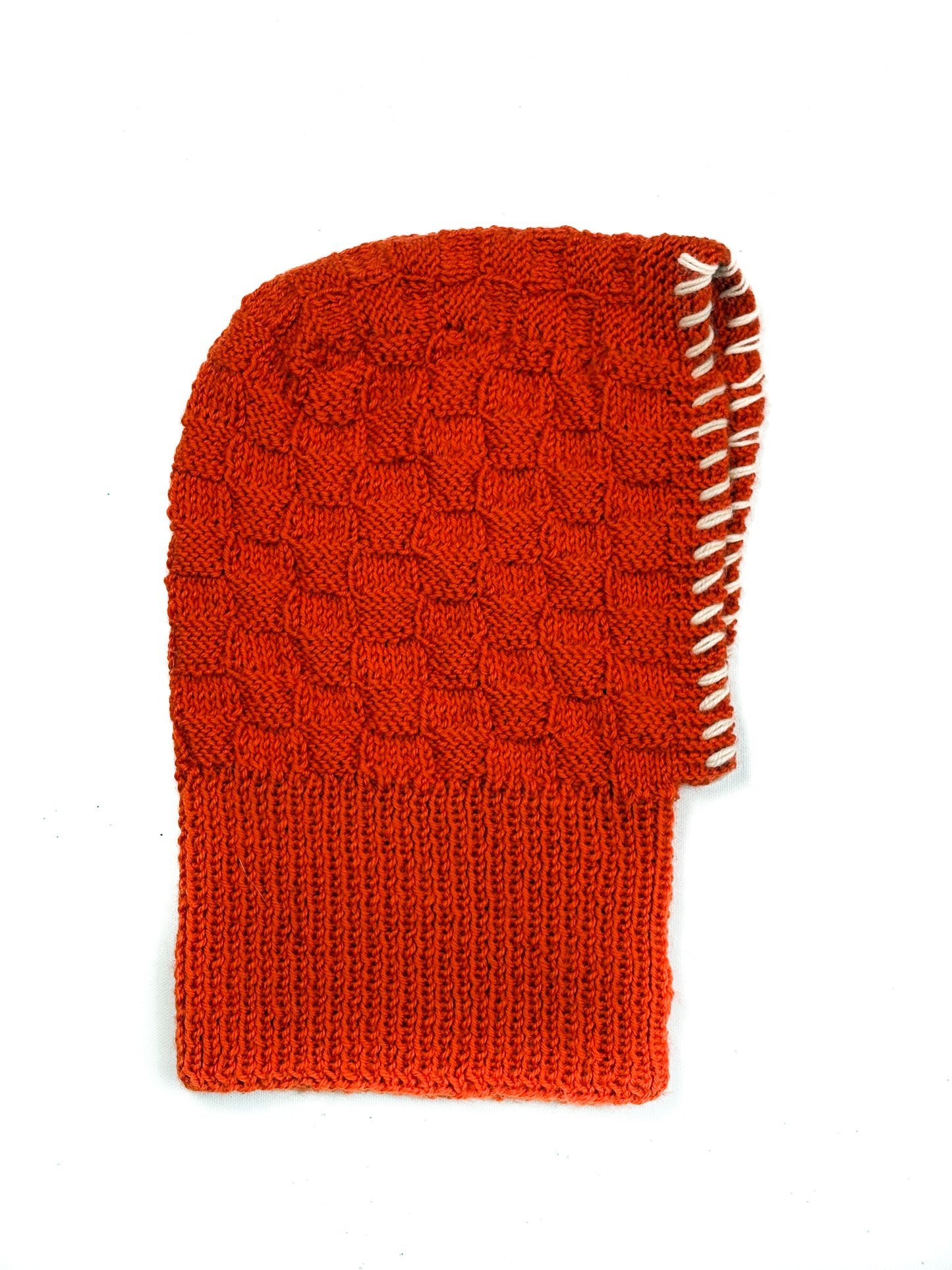 Pure Wool Orange Balaclava, cream stitched, hand knit and one off