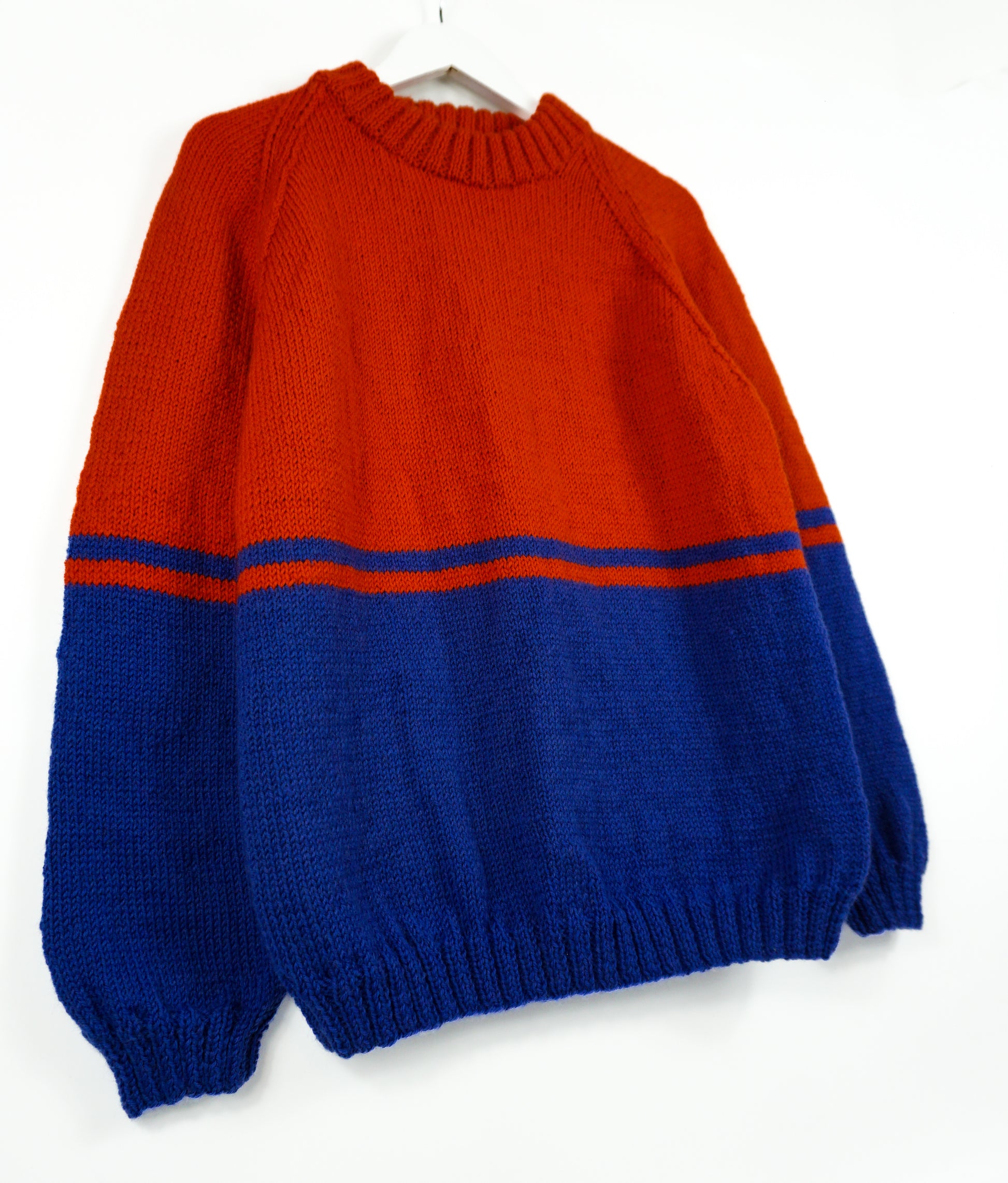 Pure Wool Orange and Blue jumper, hand knitted and one off, fits like medium