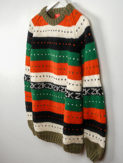 Pure Wool jumper with Multicoloured jumper. Hand knitted and medium fit.