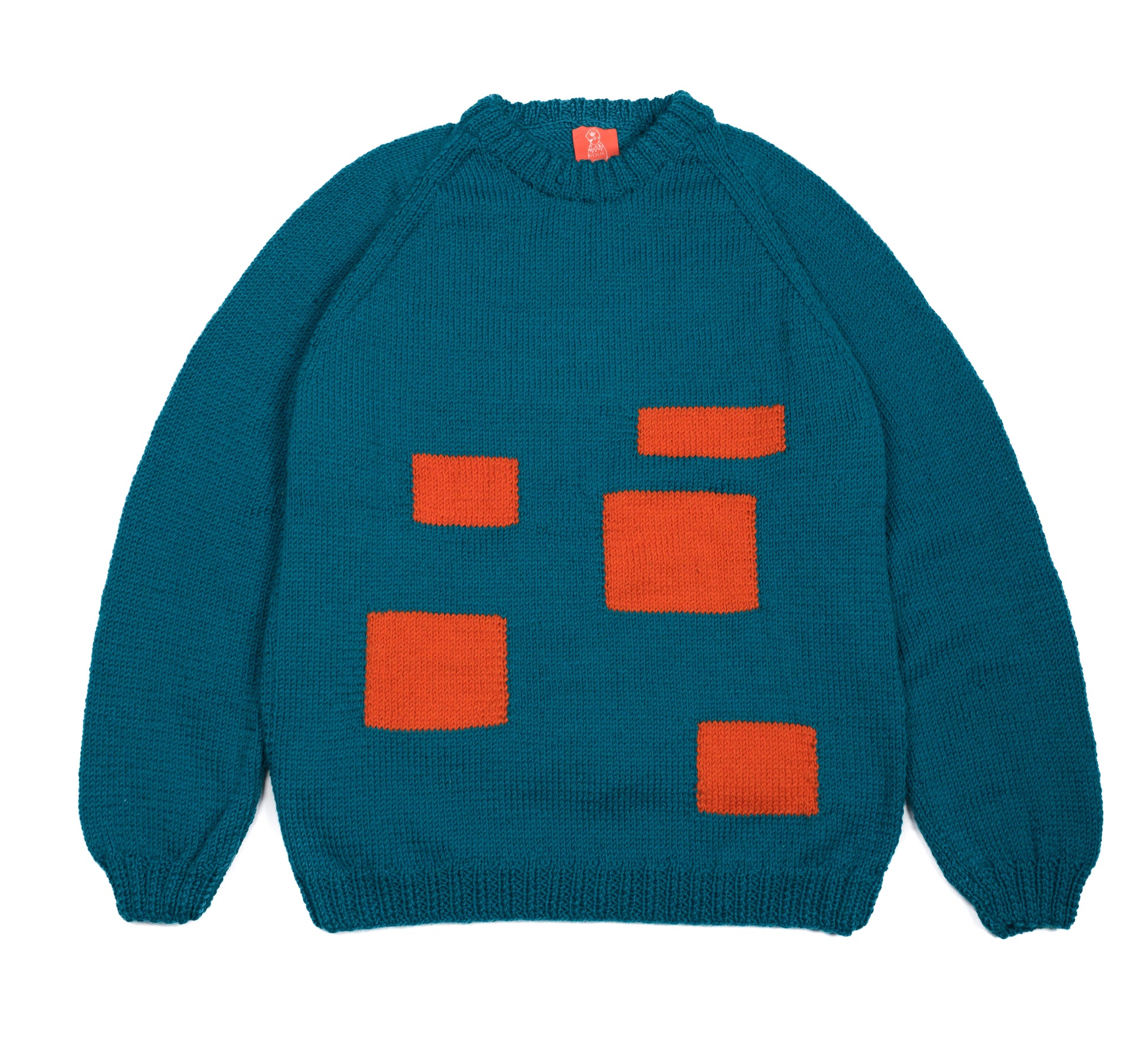 Pure Wool jumper with Orange Patches on it. Hand knitted and medium fit