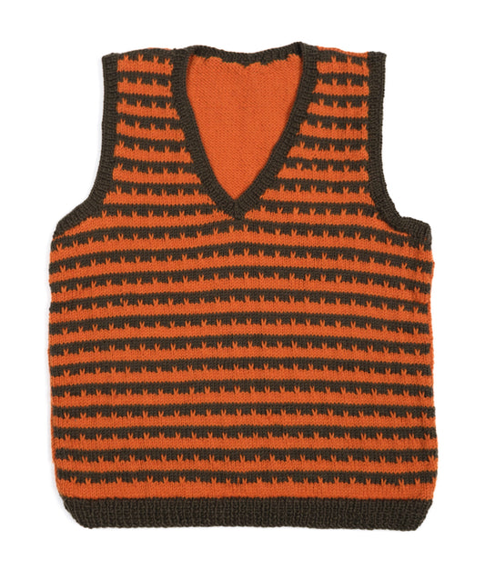 Pure Wool Khaki Vest with Orange Patterns. Hand Knitted and medium fit.