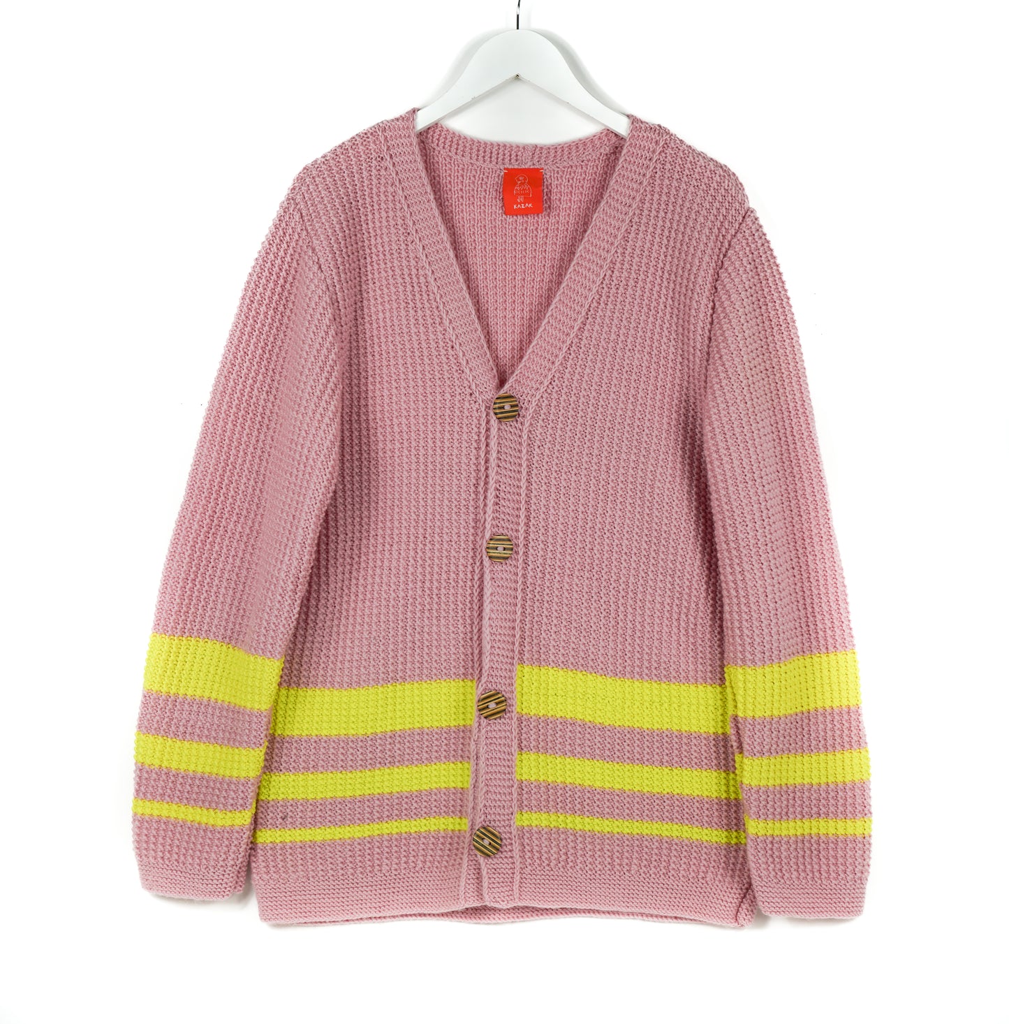 Pure Wool X Large Pink Cardigan with yellow stripes, Hand made skatedeck upcycledd buttons. One off and hand knitted