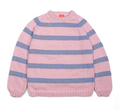 Pure Wool jumper with Pastel Pink patterns. Hand knitted and medium to large fit