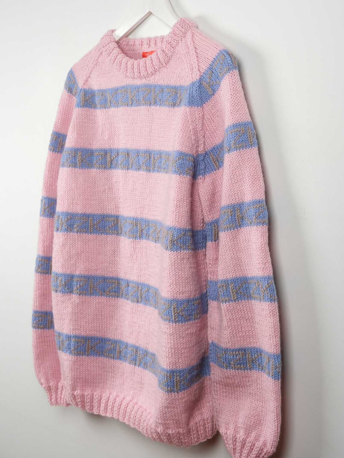 Pure Wool Pink Jumper with Kazak unique patterns, hand knitted medium jumper.