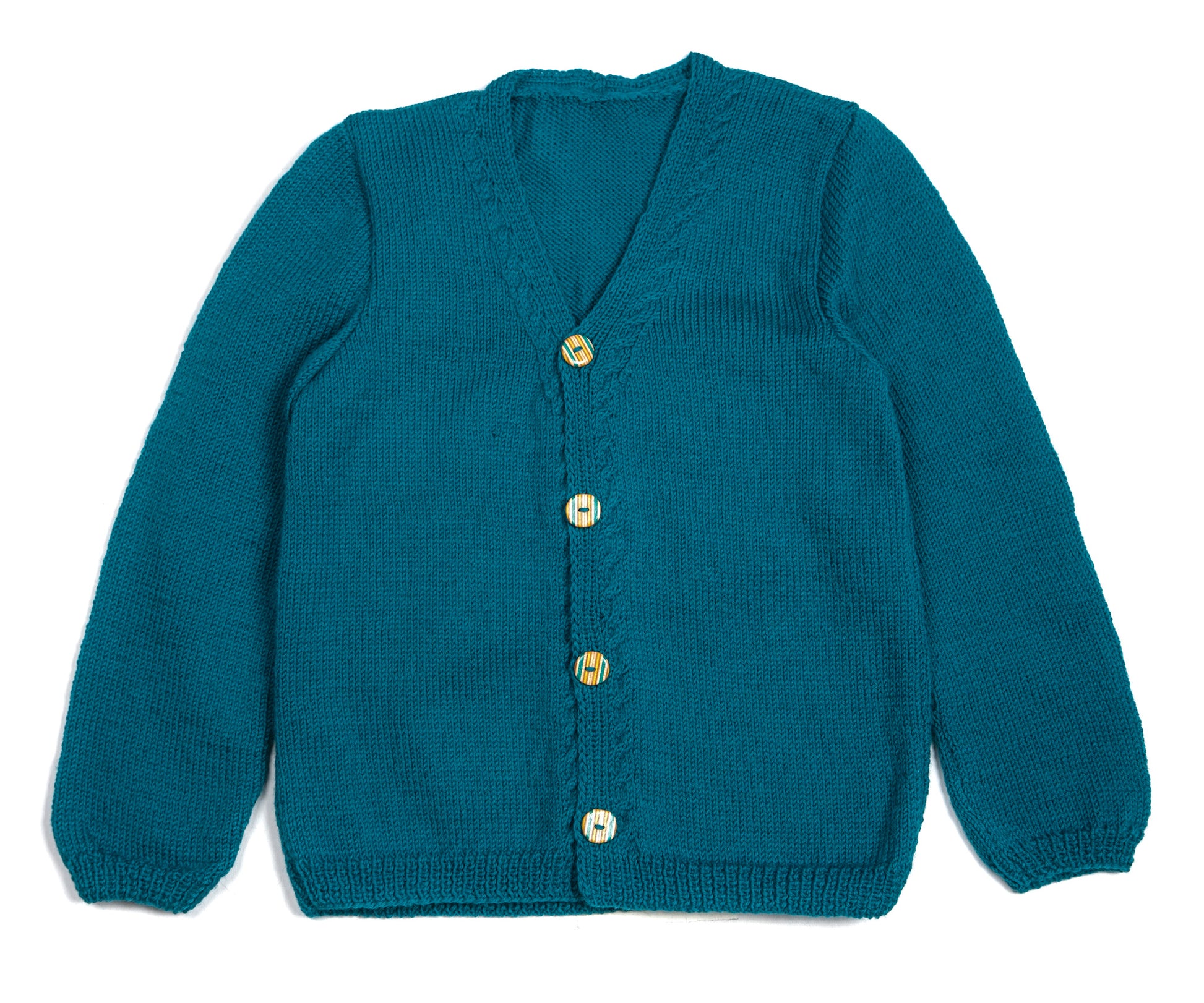 Pure Wool Pine Green Cardigan with Skatedeck Buttons. Hand knitted and large fit