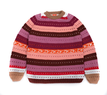 Pure Wool Pink heavy jumper with multicolours and patterns. Hand knitted and medium to large fit.