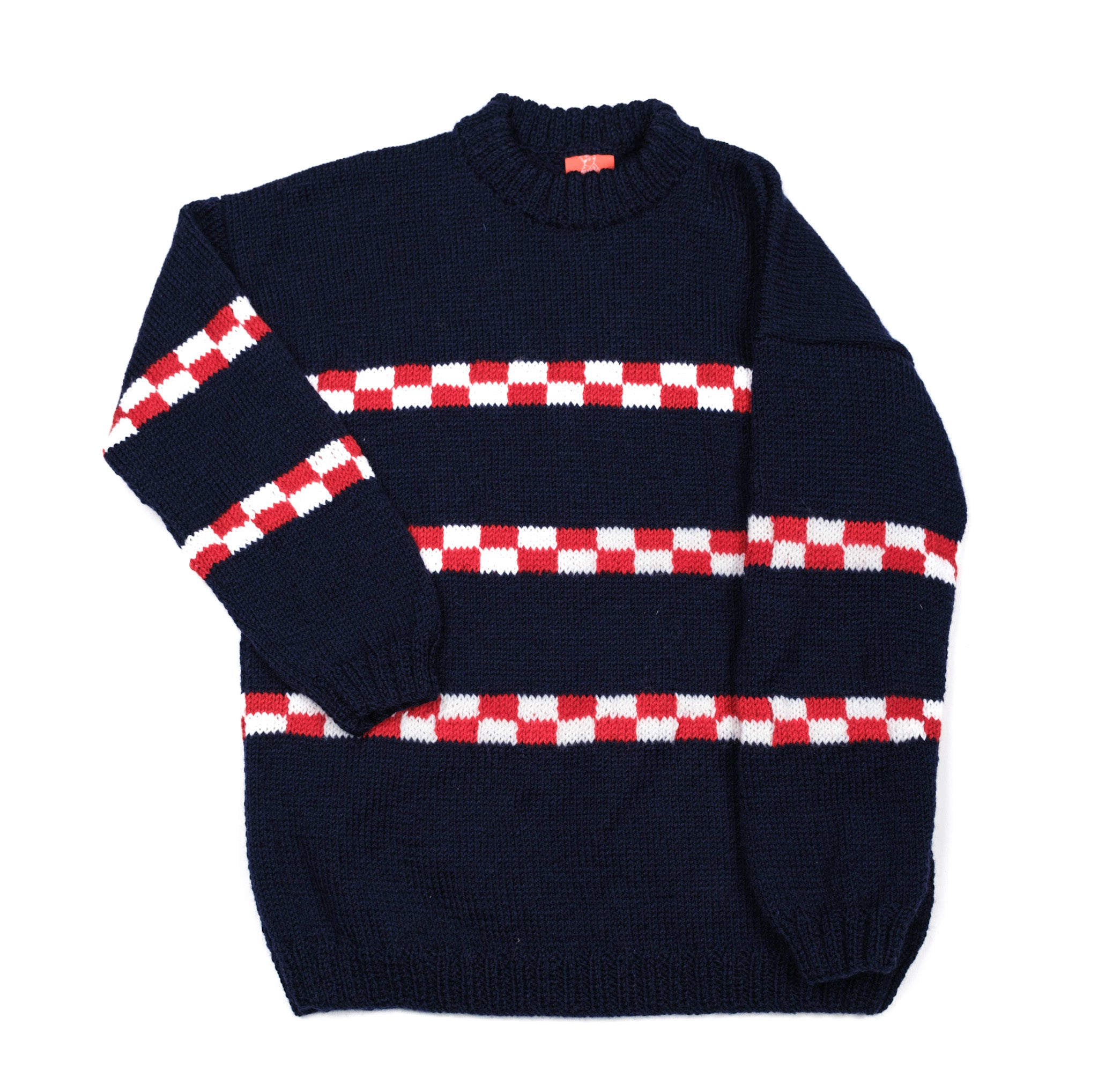 Pure Wool jumper with Red and White Arsenal football team like Checkered patterns. Hand Knitted with medium large fit