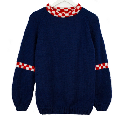 Pure White Dark Navy Checkered Collar Jumper, Arsenal like colours, hand knitted and pure wool, Arsenal like colours jumper