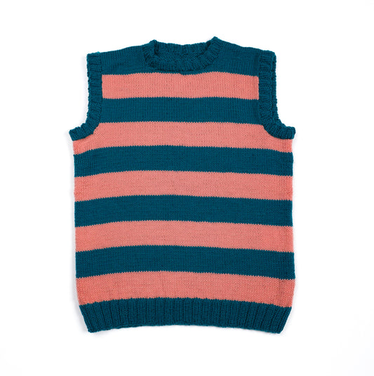 Pure Wool vest with Salmon colour Stripes. Hand knitted and medium fit.