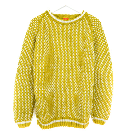 Pure Wool Yellow-Prince Olive fair isle pattern jumper, hand knitted and one off