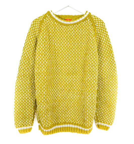 Pure Wool Yellow-Prince Olive fair isle pattern jumper, hand knitted and one off