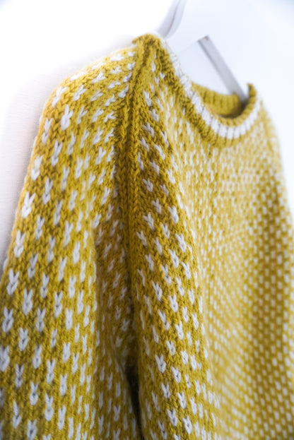 Pure Wool Yellow-Prince Olive fair isle pattern jumper, hand knitted and one off