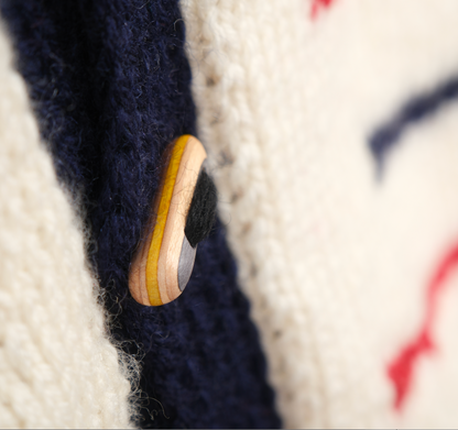 Pure Wool Navy Red Lined Cardigan, hand knitted with skate deck upcycled buttons, one off cardigan, skate style, close up button photo