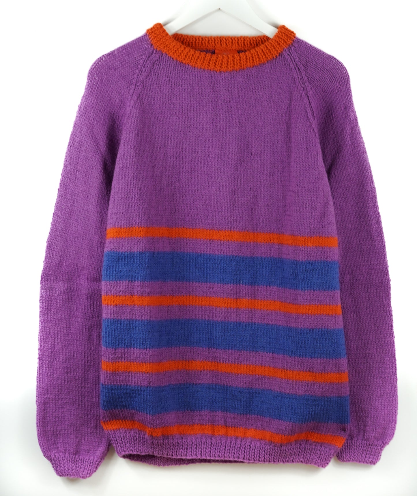 pure wool hand knitted one off Purple + Orange Crewneck Jumper