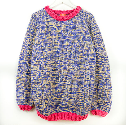 pure wool hand knitted one off Raspberry Blue Mixed Jumper