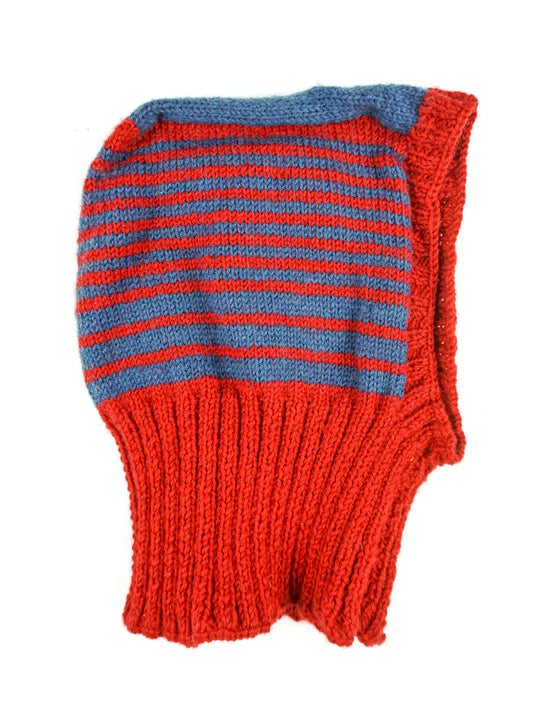 Red balaclava with blue stripes hand knitted