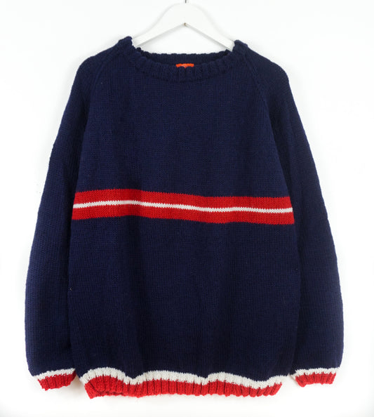 pure wool hand knitted one off Red Striped Navy Jumper