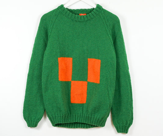 pure wool hand knitted one off Sunset Orange Green Checkered Jumper