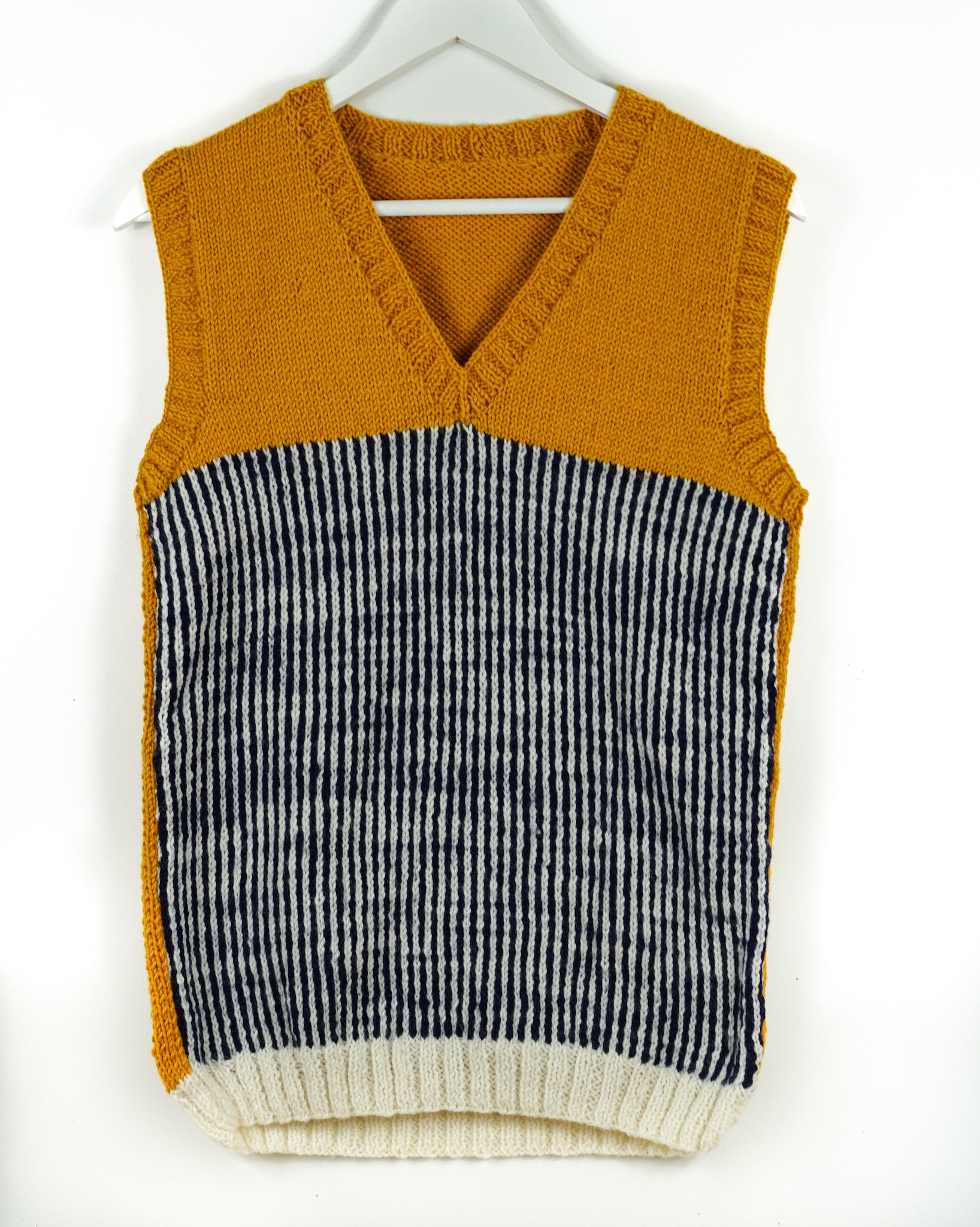 pure wool hand knitted one off Terracotta Black Striped Vest