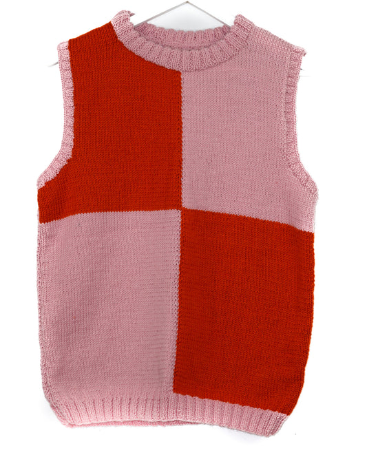 Twin Tone Bold Checkered Vest pure wool hand knitted