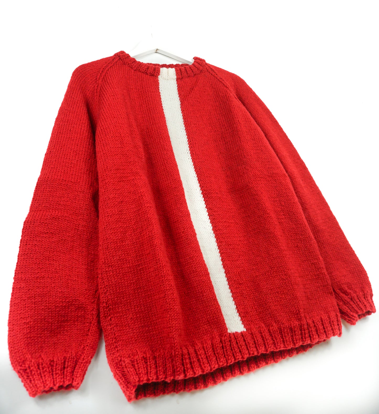 pure wool hand knitted one off White Striped Red Jumper