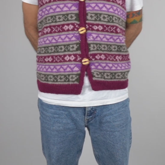 Pure Wool Heritage Vest with skatedeck upcycled buttons. medium fit sleeveless vest, hand knitted and one off