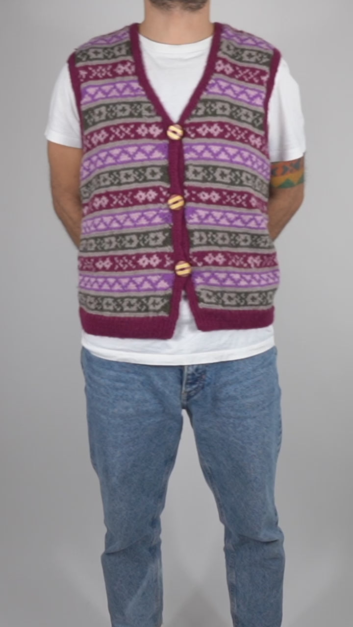 Pure Wool Heritage Vest with skatedeck upcycled buttons. medium fit sleeveless vest, hand knitted and one off