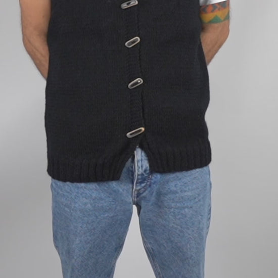 Pure Wool Black Vest with skatedeck upcycled buttons. medium fit sleeveless vest, hand knitted and one off