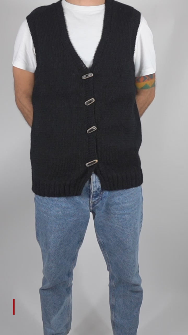 Pure Wool Black Vest with skatedeck upcycled buttons. medium fit sleeveless vest, hand knitted and one off