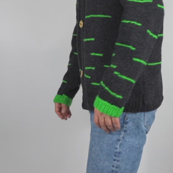 Pure Wool Black Long Sleeve Green Stripes Cardigan with skatedeck upcycled buttons. medium fit, hand knitted and one off