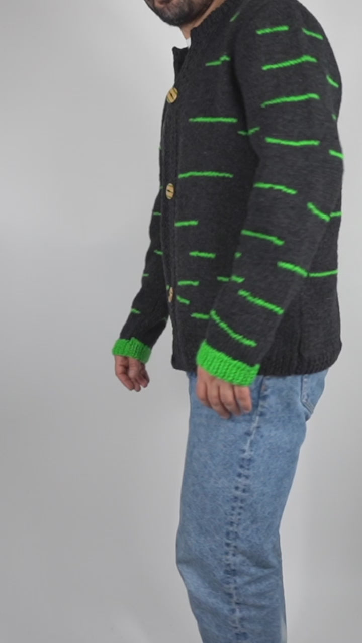 Pure Wool Black Long Sleeve Green Stripes Cardigan with skatedeck upcycled buttons. medium fit, hand knitted and one off